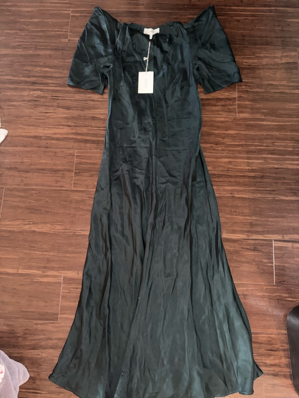 THE GREAT. Dark Green Satin Maxi Dress with Short Puff Sleeves - Picture 7 of 8